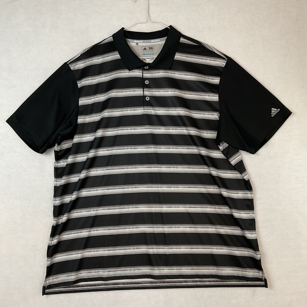 Adidas Golf Climacool Mens 2XL Black White Striped Performance Polo Short Sleeve